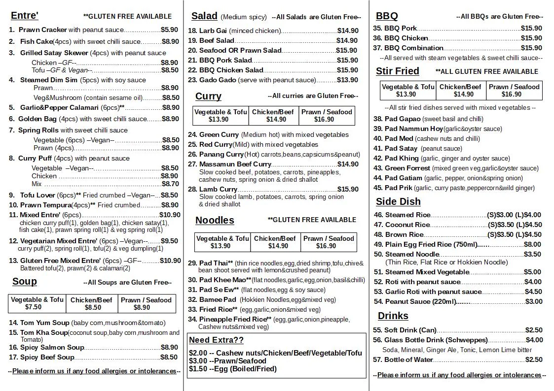 Menu, D'Gusto Thai Restaurant