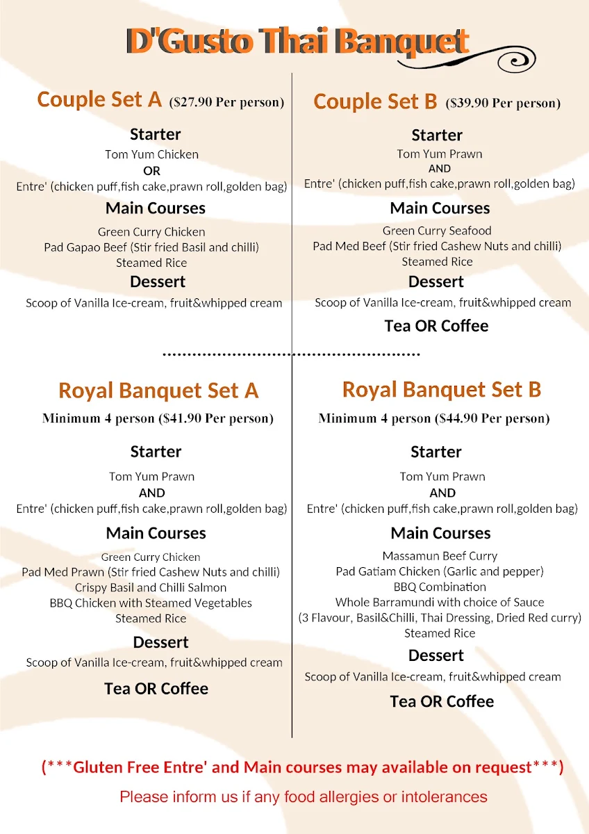 Menu, D'Gusto Thai Restaurant