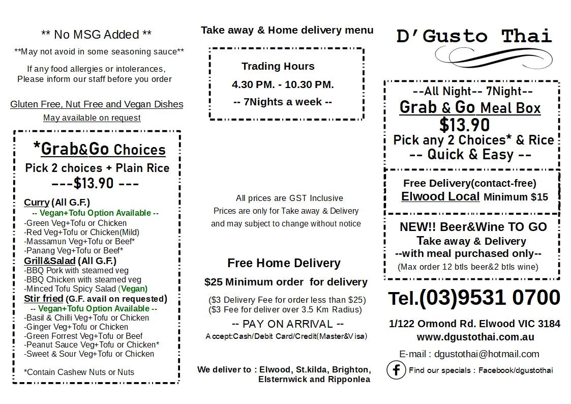 Menu, D'Gusto Thai Restaurant