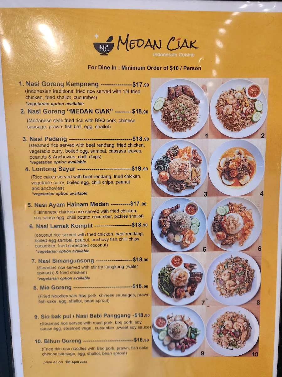 Menu, Medan Ciak SUSSEX ST SYDNEY Indonesian Restaurant