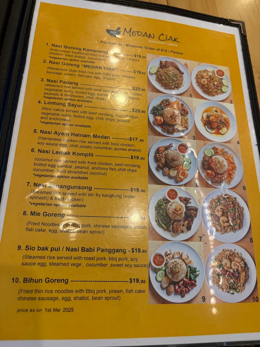 Menu, Medan Ciak SUSSEX ST SYDNEY Indonesian Restaurant