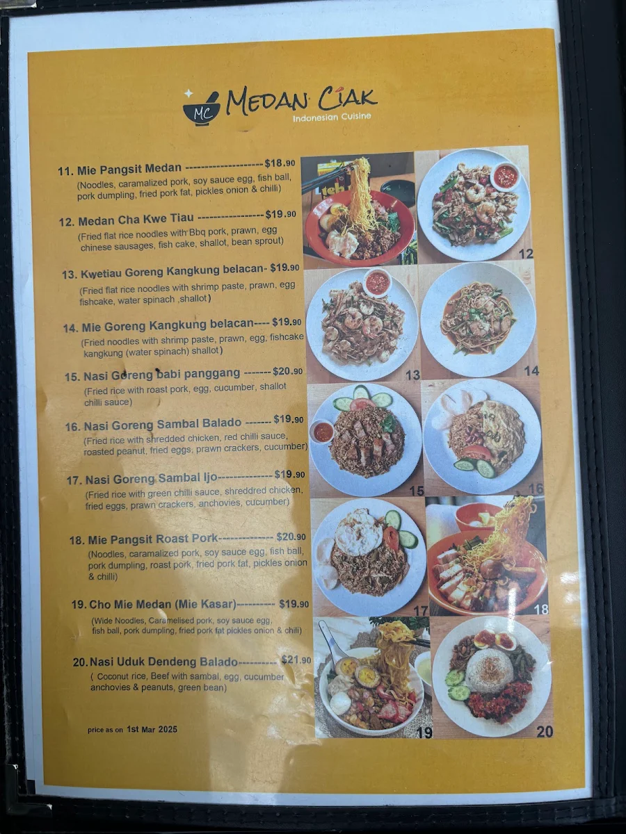 Menu, Medan Ciak SUSSEX ST SYDNEY Indonesian Restaurant