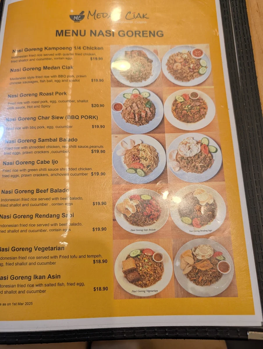 Menu, Medan Ciak SUSSEX ST SYDNEY Indonesian Restaurant