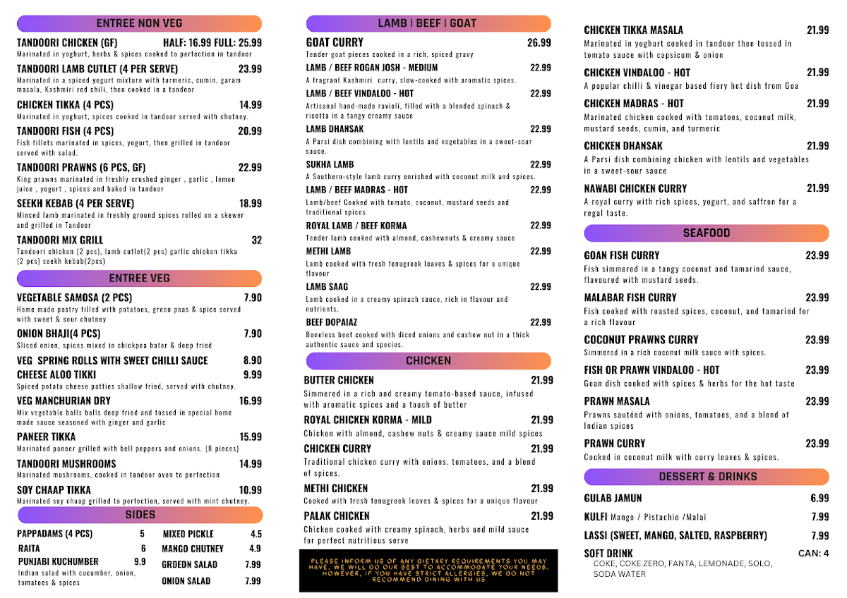 Menu, The Frankston curry club