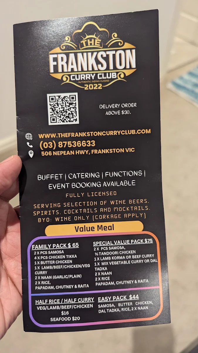 Menu, The Frankston curry club