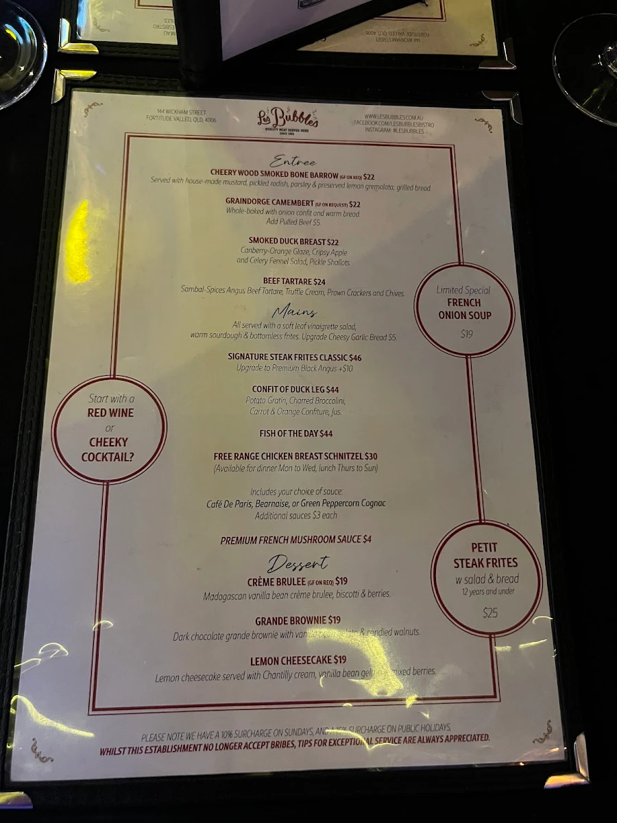 Menu, Les Bubbles Steakhouse