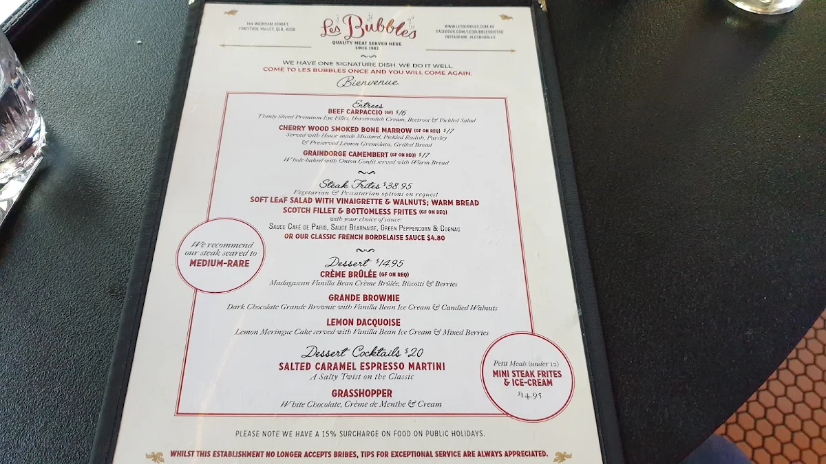 Menu, Les Bubbles Steakhouse