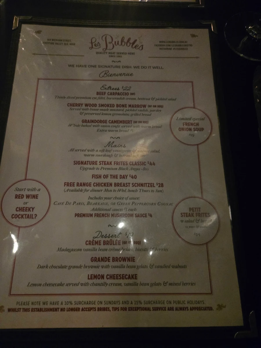Menu, Les Bubbles Steakhouse