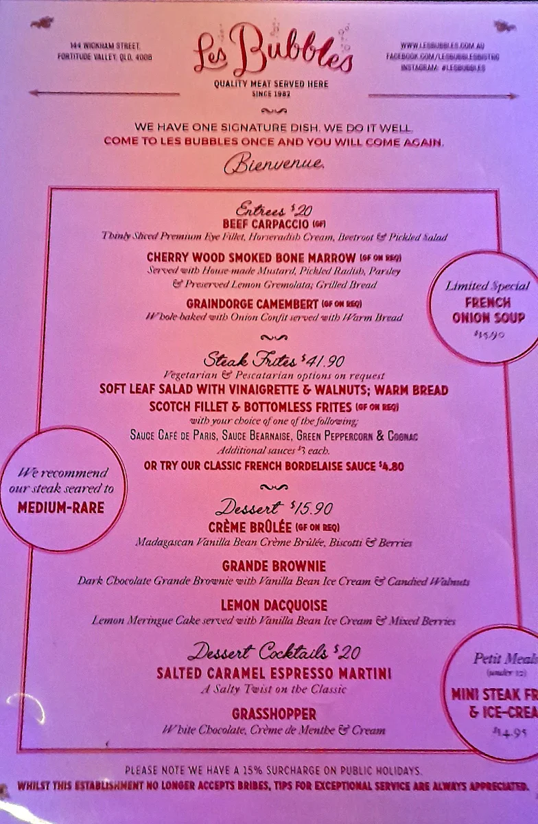 Menu, Les Bubbles Steakhouse