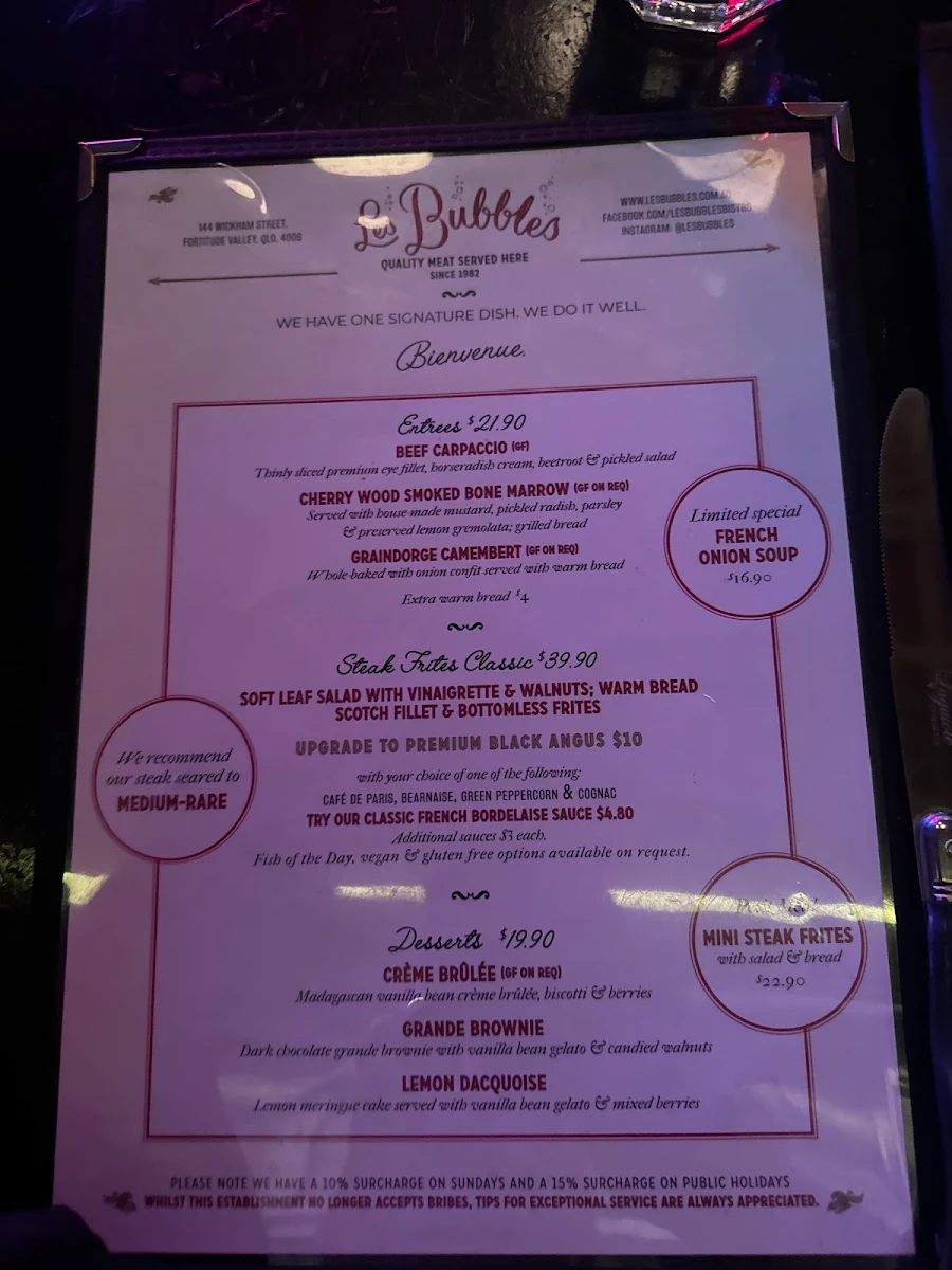 Menu, Les Bubbles Steakhouse