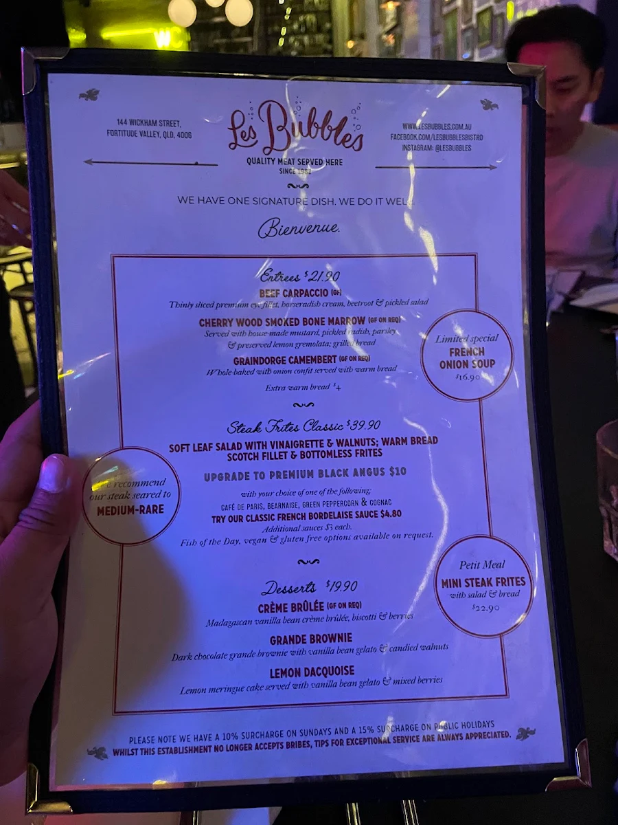 Menu, Les Bubbles Steakhouse