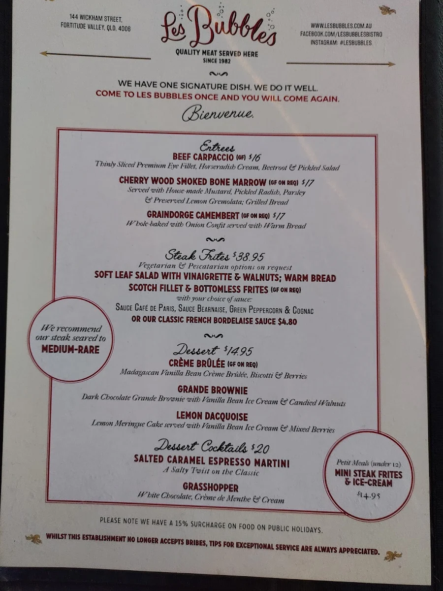 Menu, Les Bubbles Steakhouse