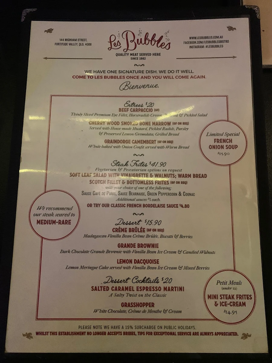 Menu, Les Bubbles Steakhouse