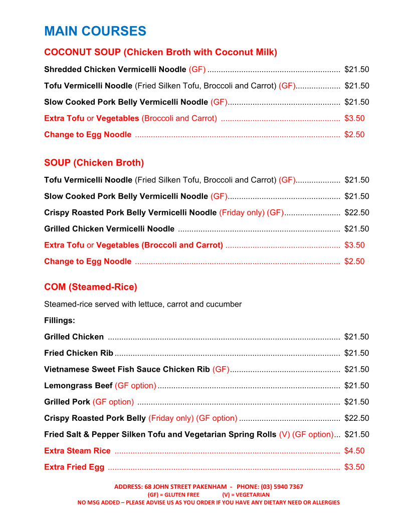 Menu, 2 fat ducks Vietnamese Cuisine