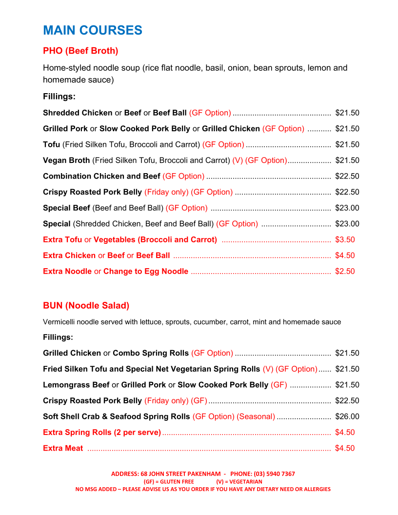 Menu, 2 fat ducks Vietnamese Cuisine