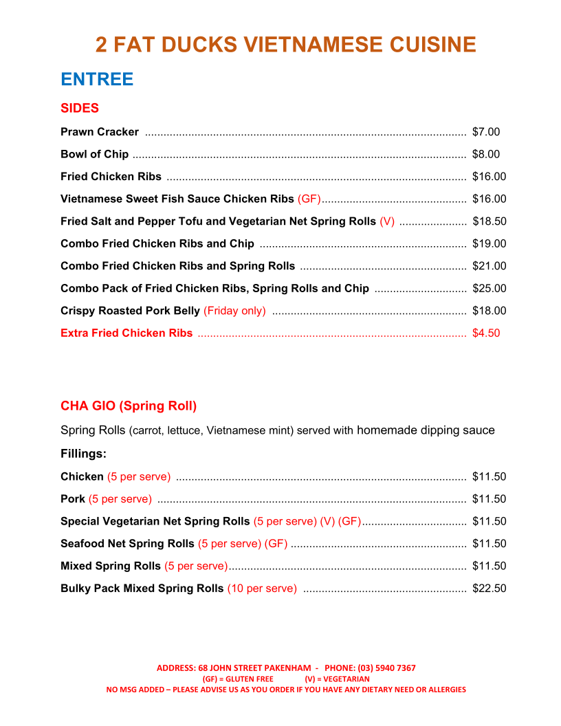 Menu, 2 fat ducks Vietnamese Cuisine