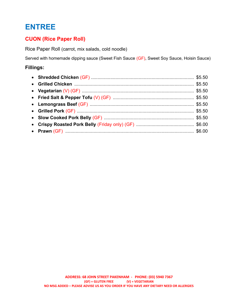 Menu, 2 fat ducks Vietnamese Cuisine