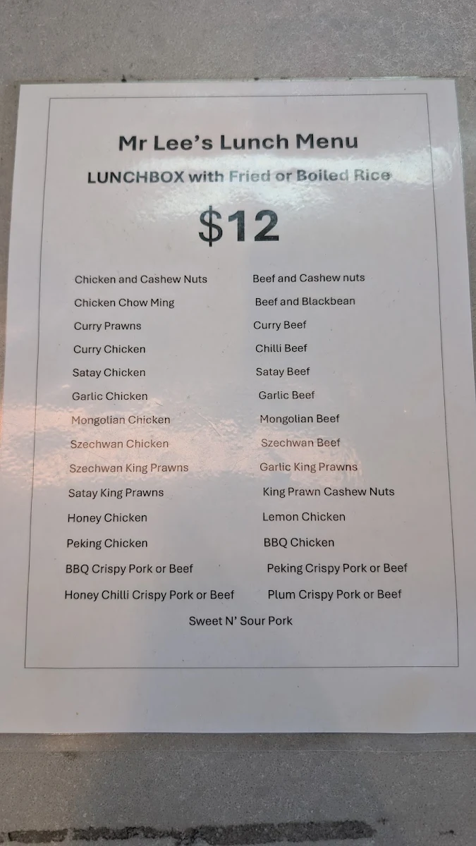 Menu, MR Lee's Chinese Takeaway