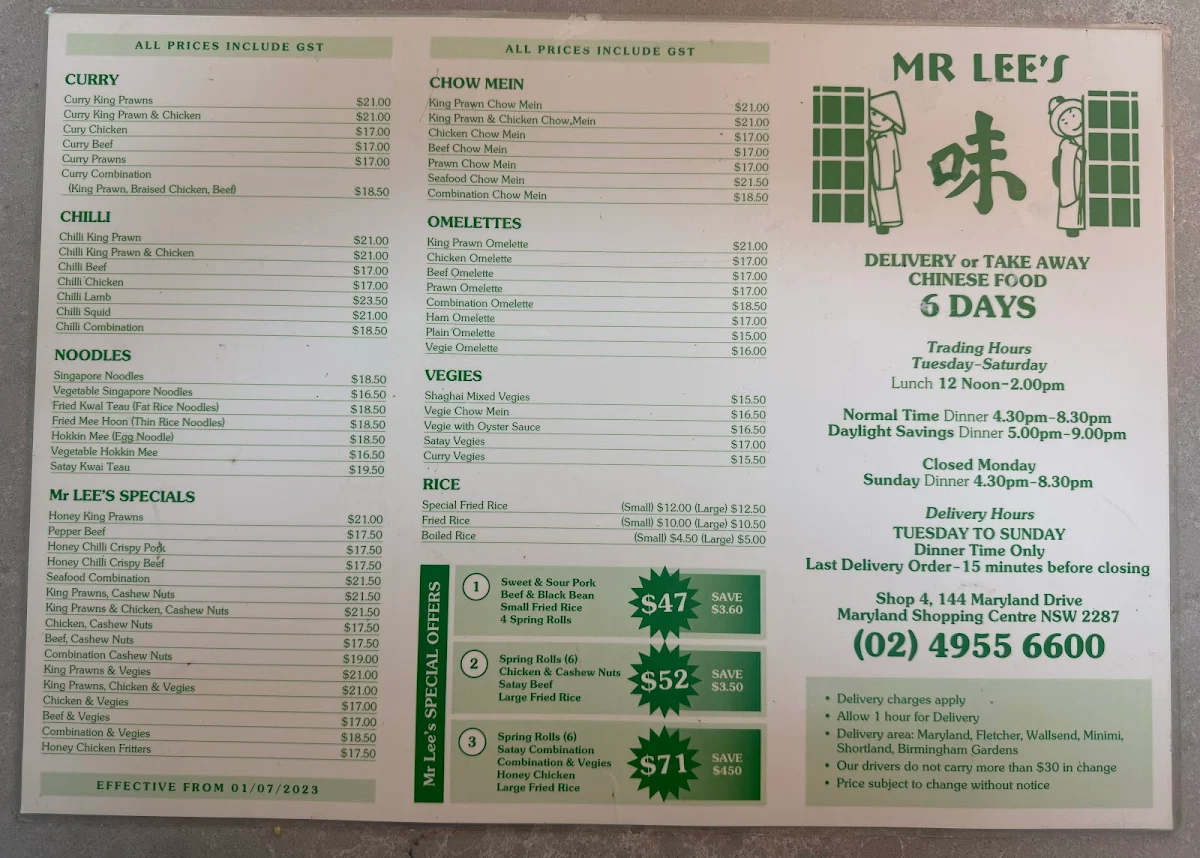 Menu, MR Lee's Chinese Takeaway
