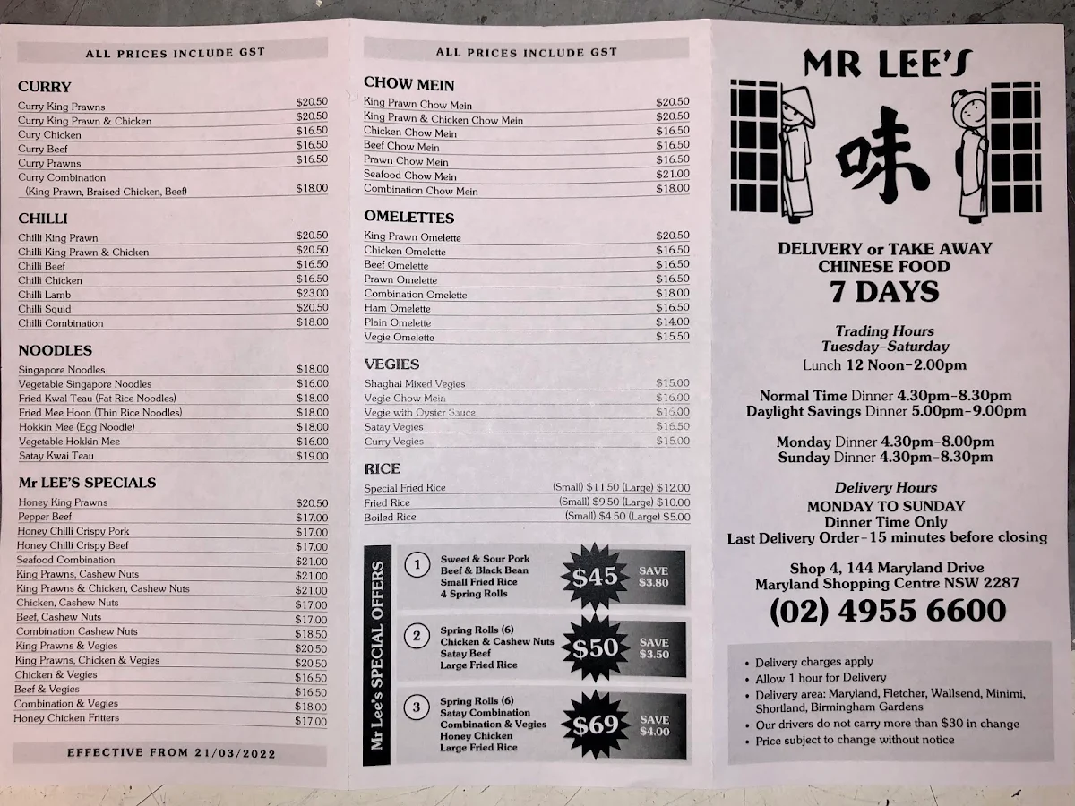 Menu, MR Lee's Chinese Takeaway