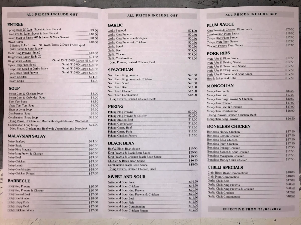 Menu, MR Lee's Chinese Takeaway