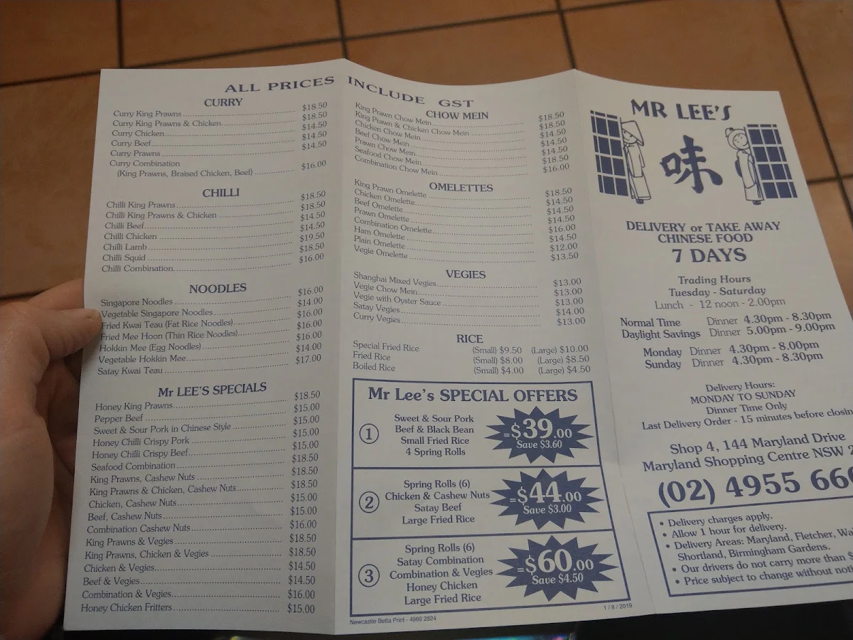 Menu, MR Lee's Chinese Takeaway