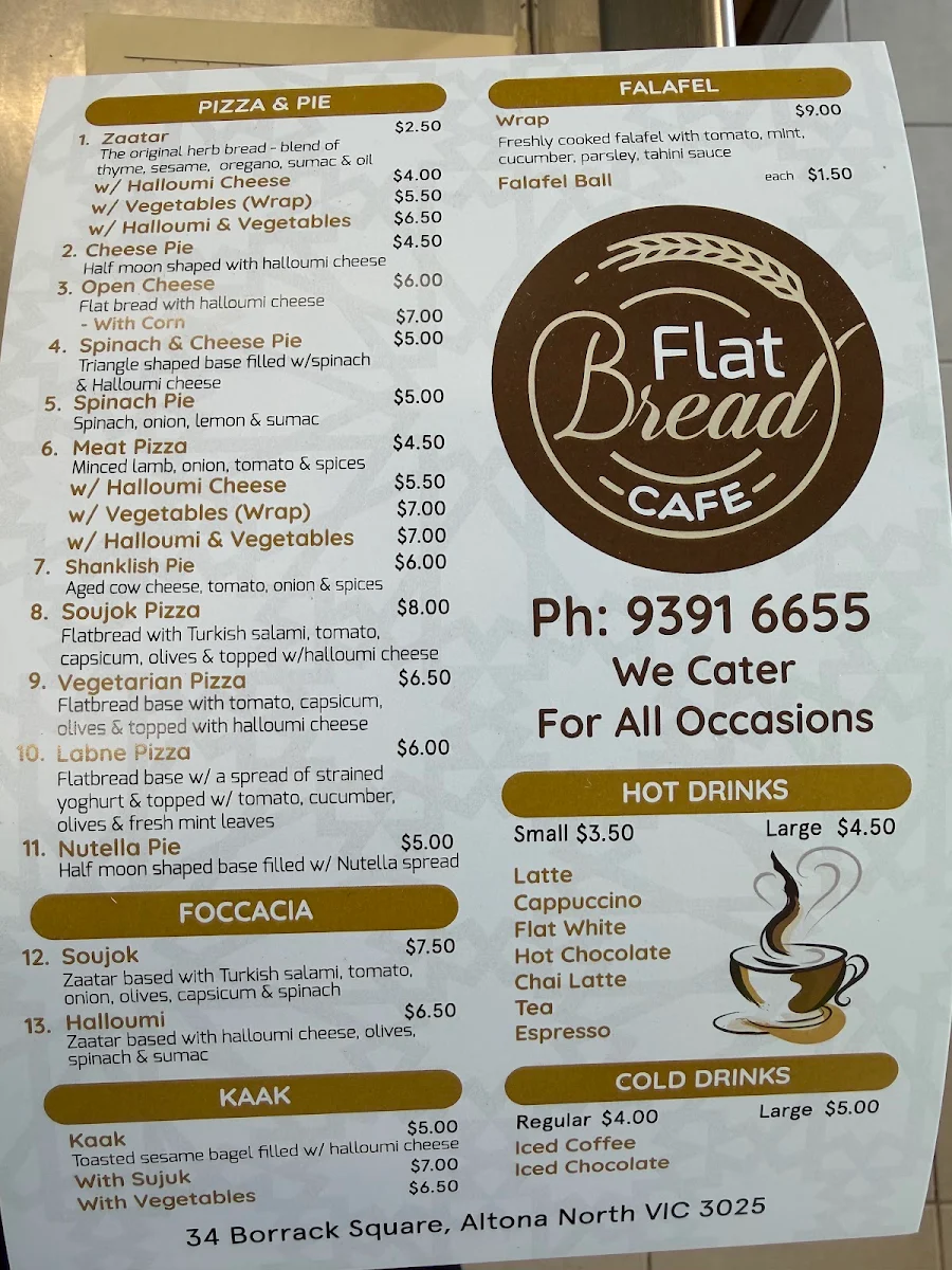 Menu, Flatbread bakery cafe
