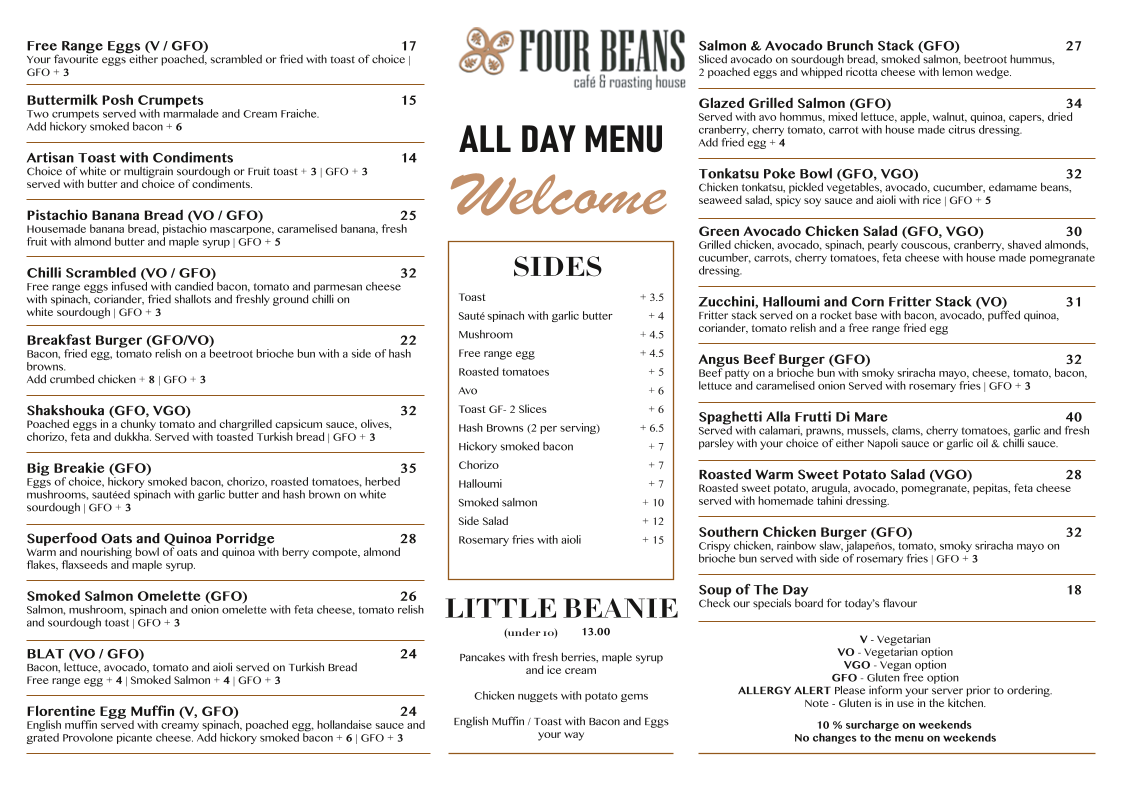 Menu, Four Beans Café and Roasting House