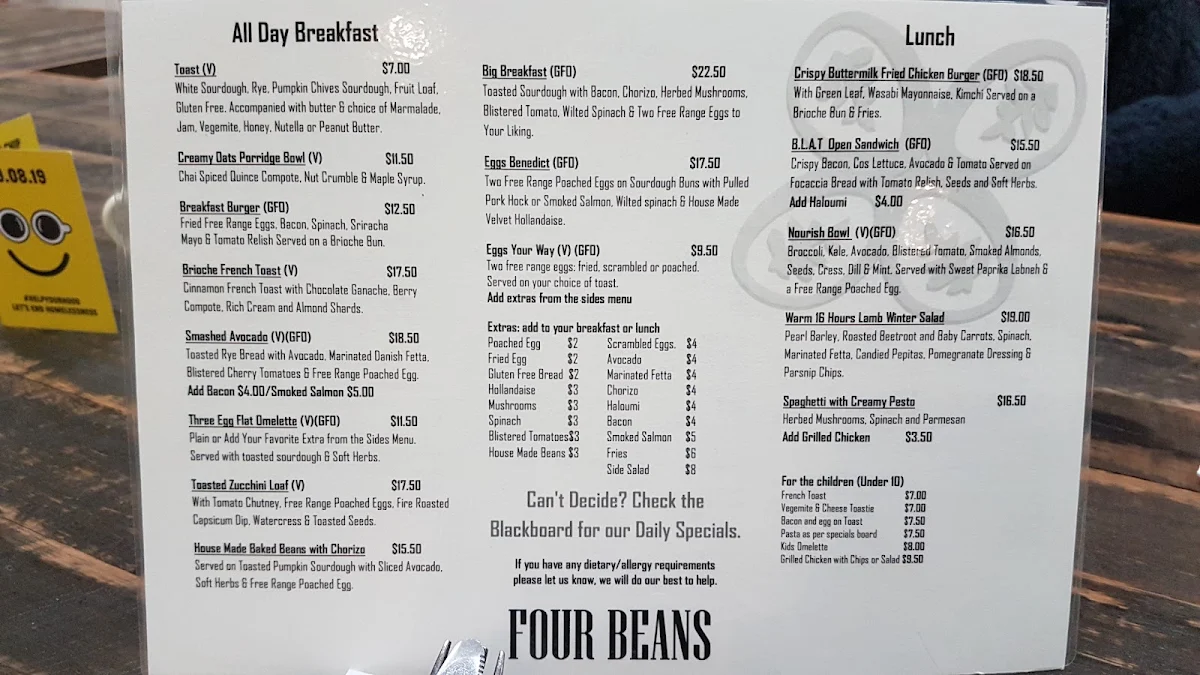 Menu, Four Beans Café and Roasting House