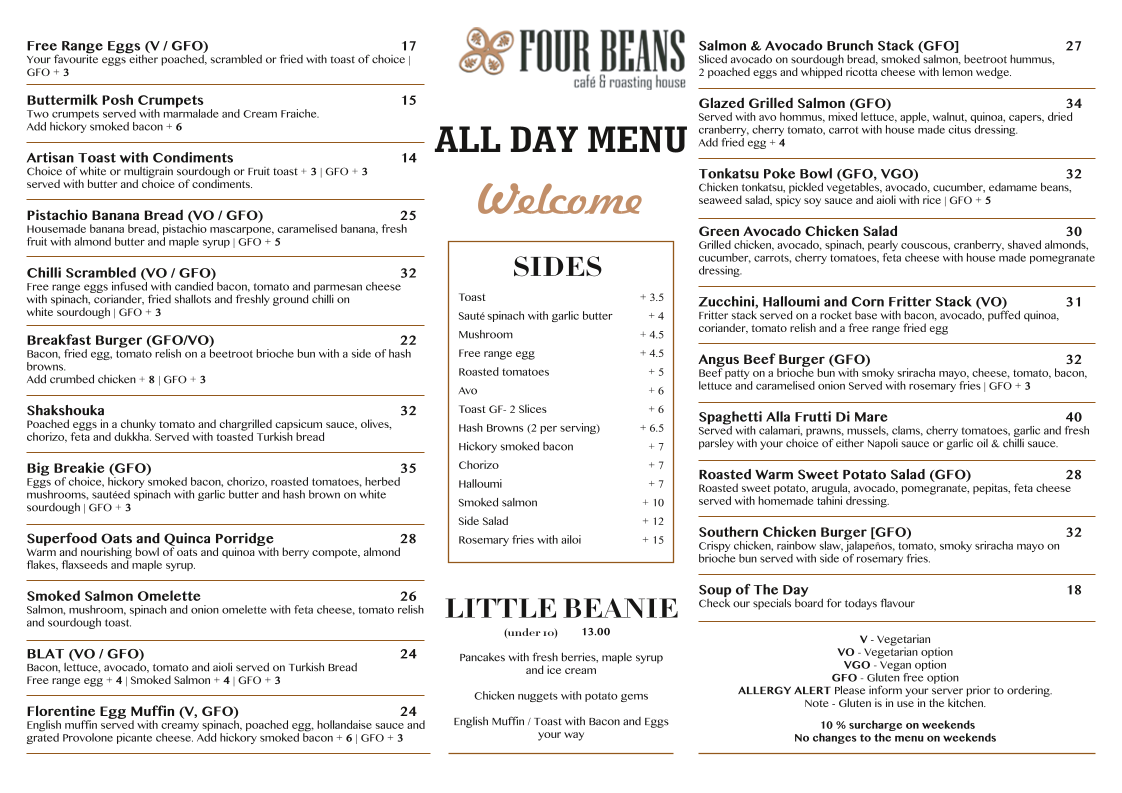 Menu, Four Beans Café and Roasting House