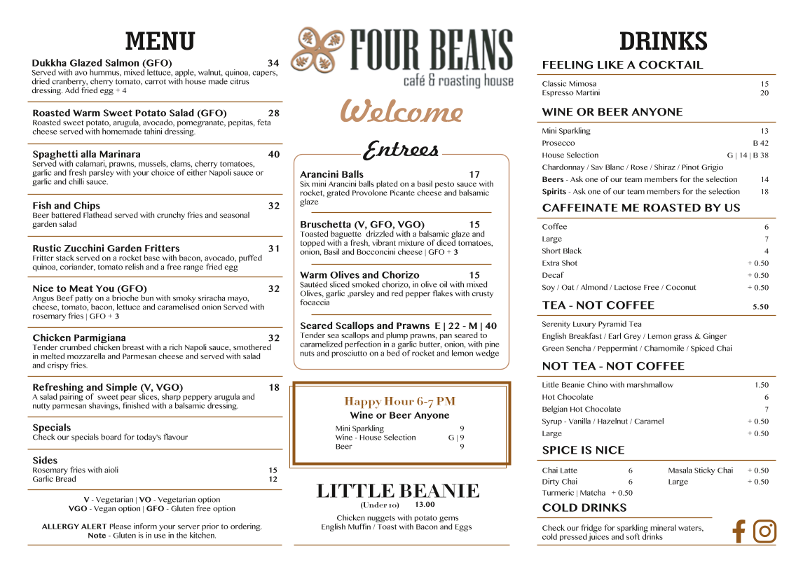 Menu, Four Beans Café and Roasting House