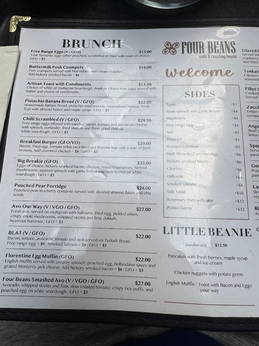 Menu, Four Beans Café and Roasting House