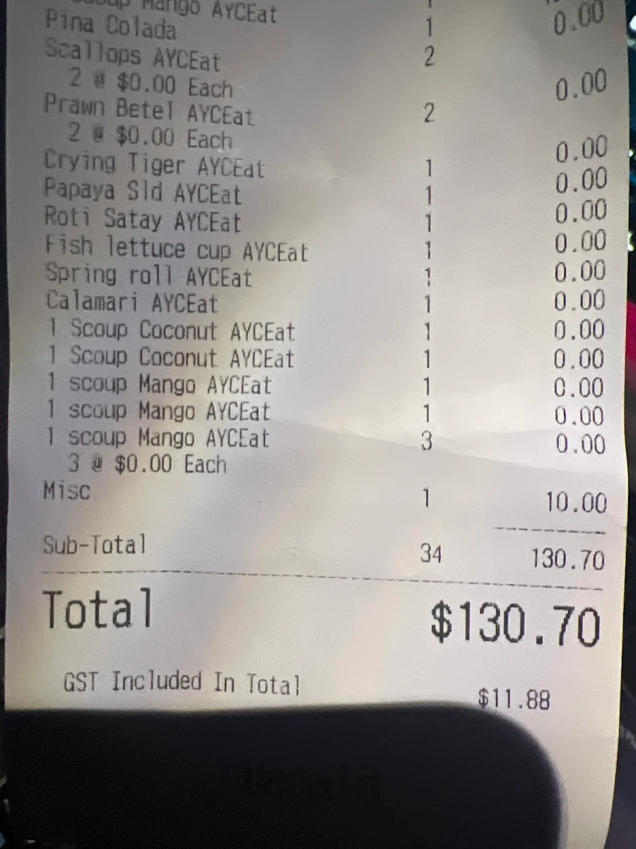 Menu, Paradise Road