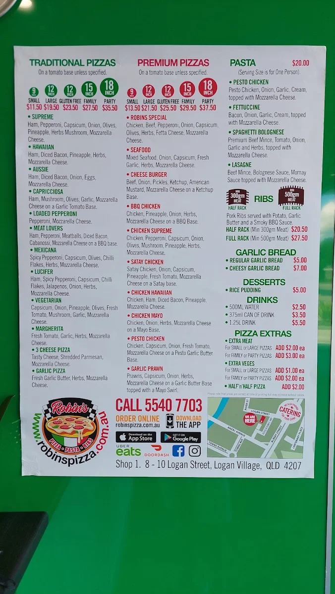 Menu, Robins Pizza Logan Village