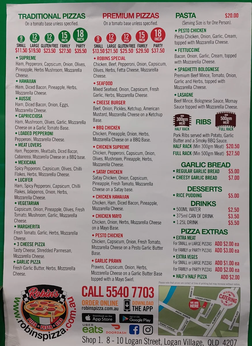 Menu, Robins Pizza Logan Village