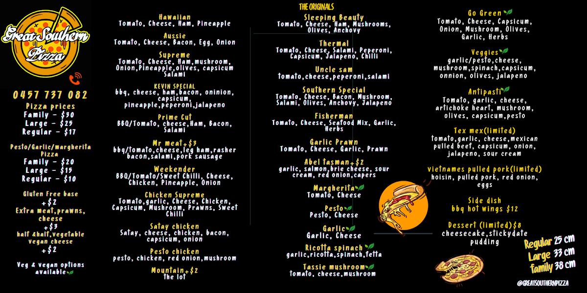 Menu, Great Southern Pizza