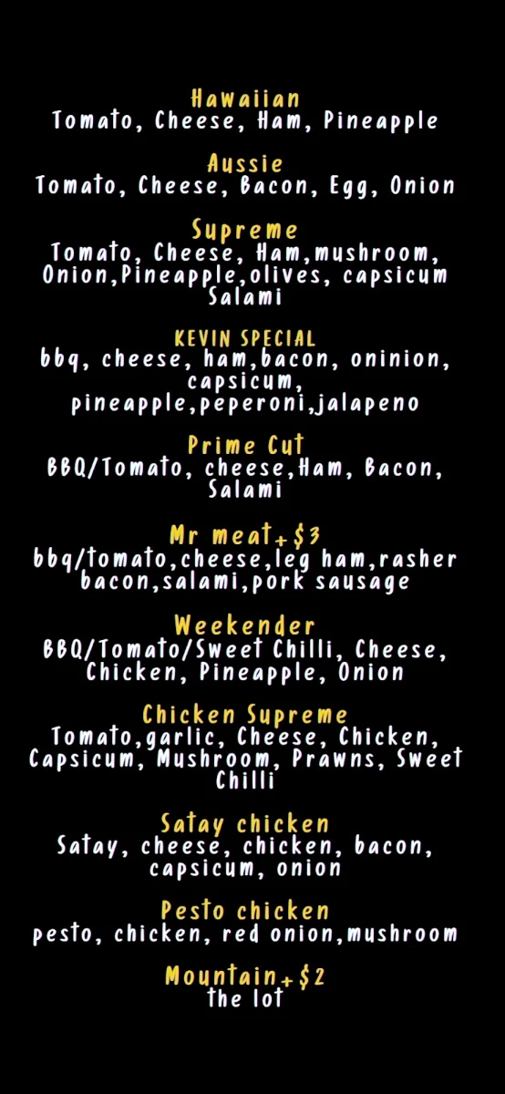 Menu, Great Southern Pizza