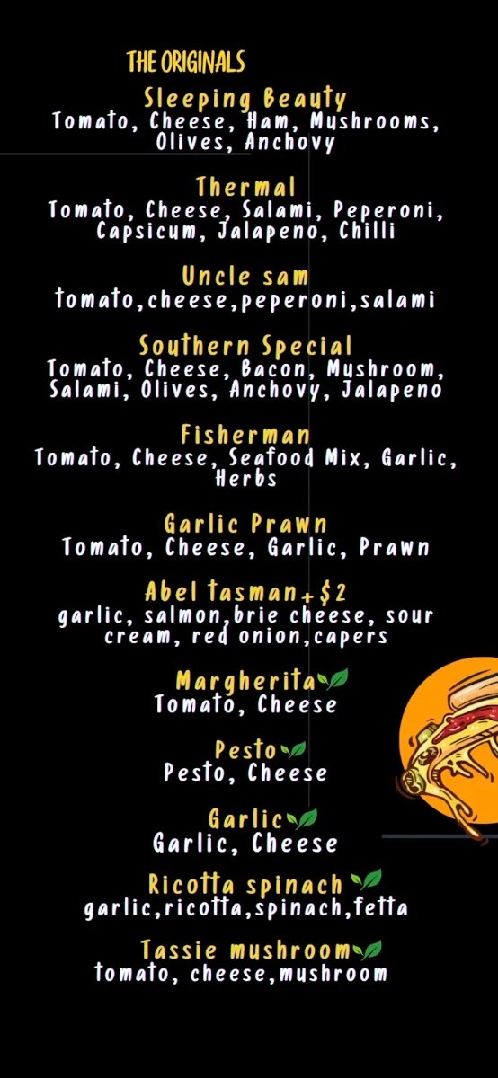 Menu, Great Southern Pizza