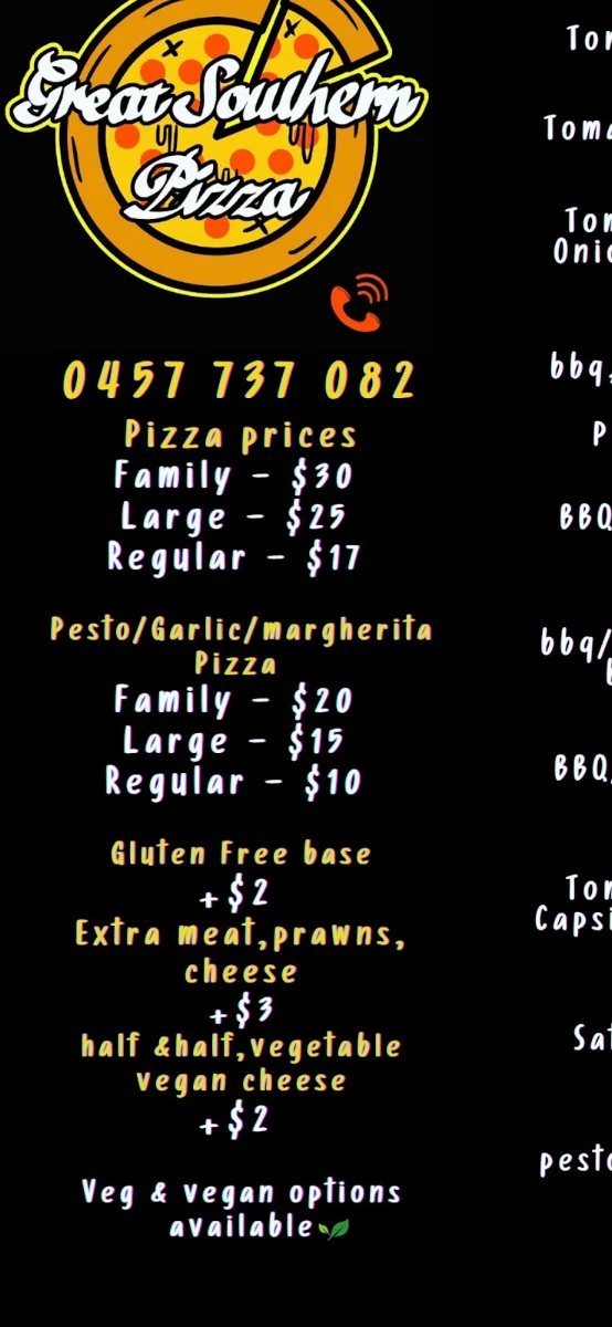 Menu, Great Southern Pizza