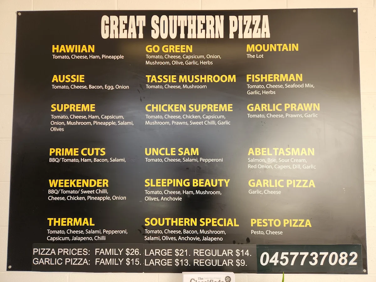 Menu, Great Southern Pizza