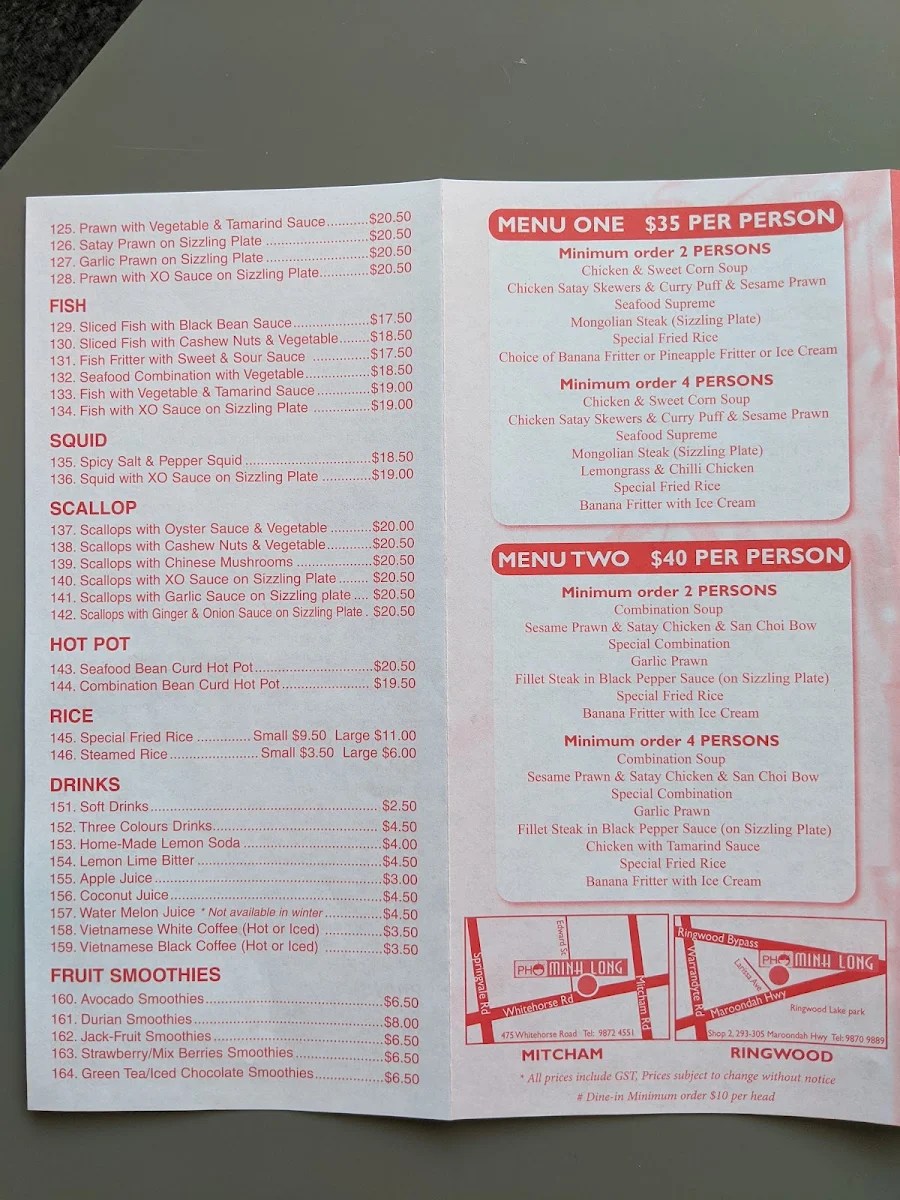 Menu, Pho Minh Long