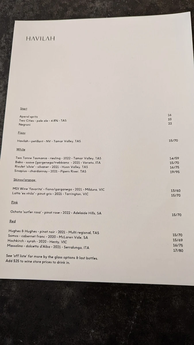 Menu, HAVILAH WINE