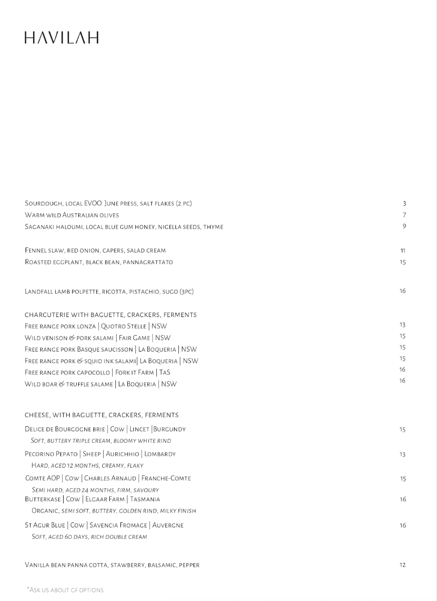 Menu, HAVILAH WINE