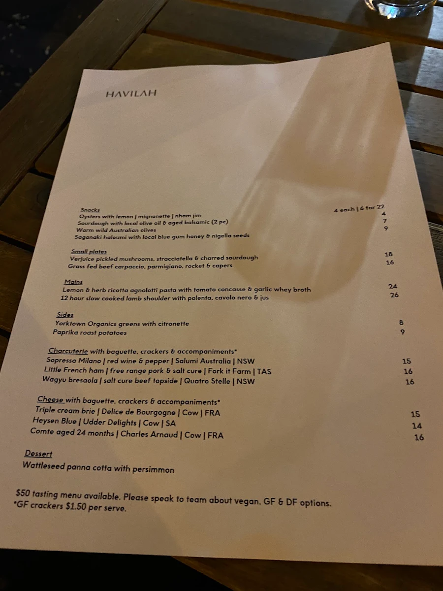 Menu, HAVILAH WINE