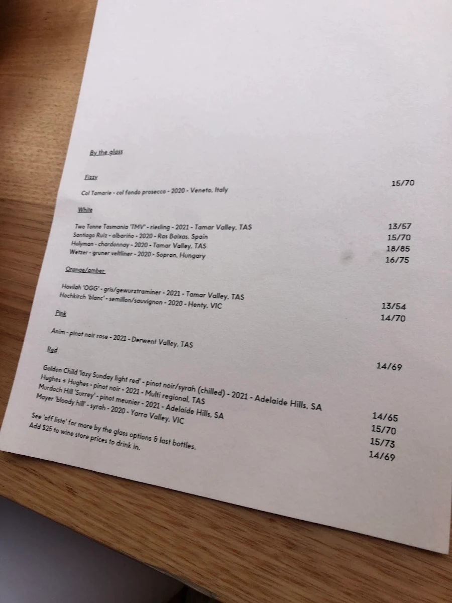 Menu, HAVILAH WINE