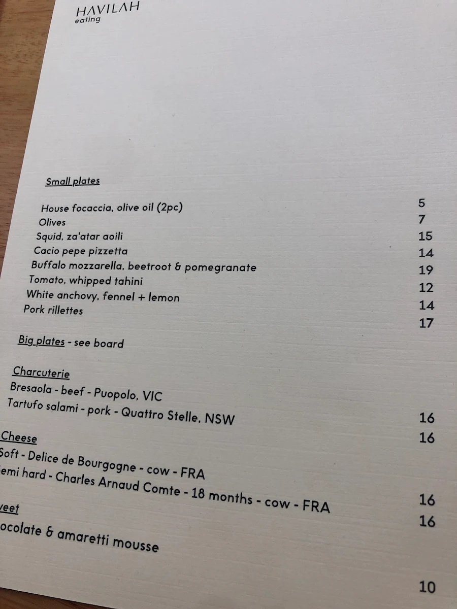 Menu, HAVILAH WINE