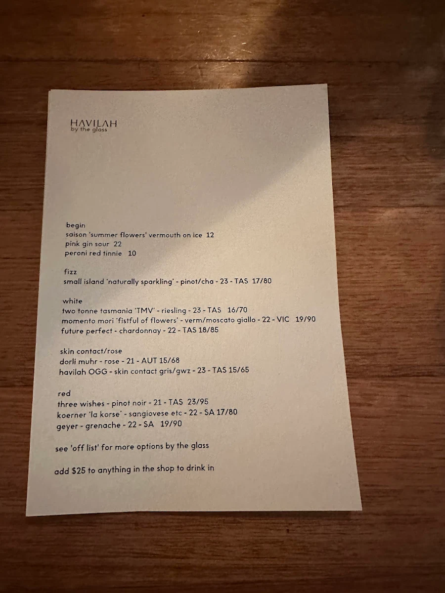 Menu, HAVILAH WINE