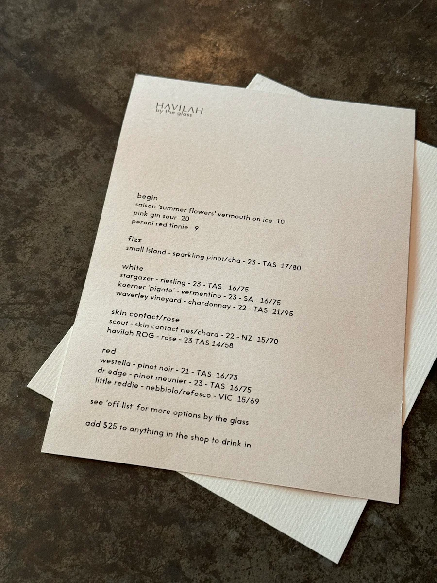 Menu, HAVILAH WINE