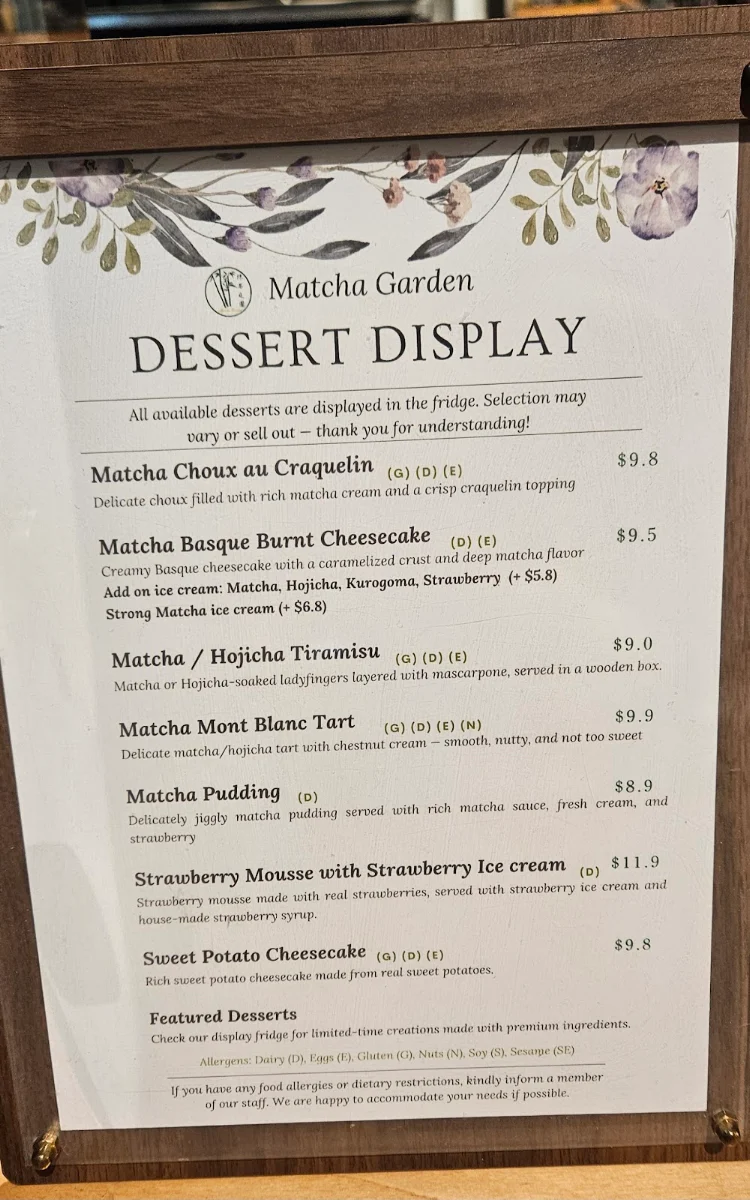 Menu, Matcha Garden