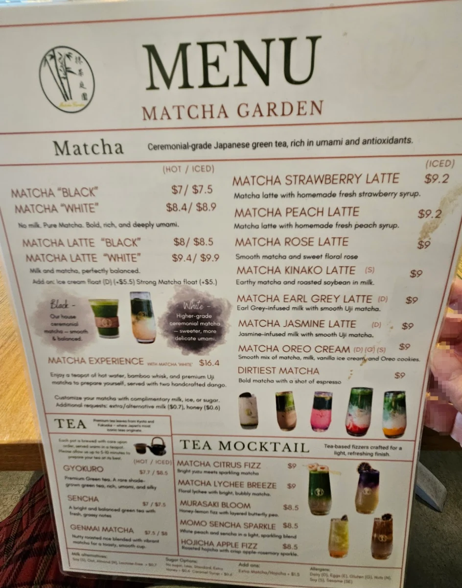 Menu, Matcha Garden